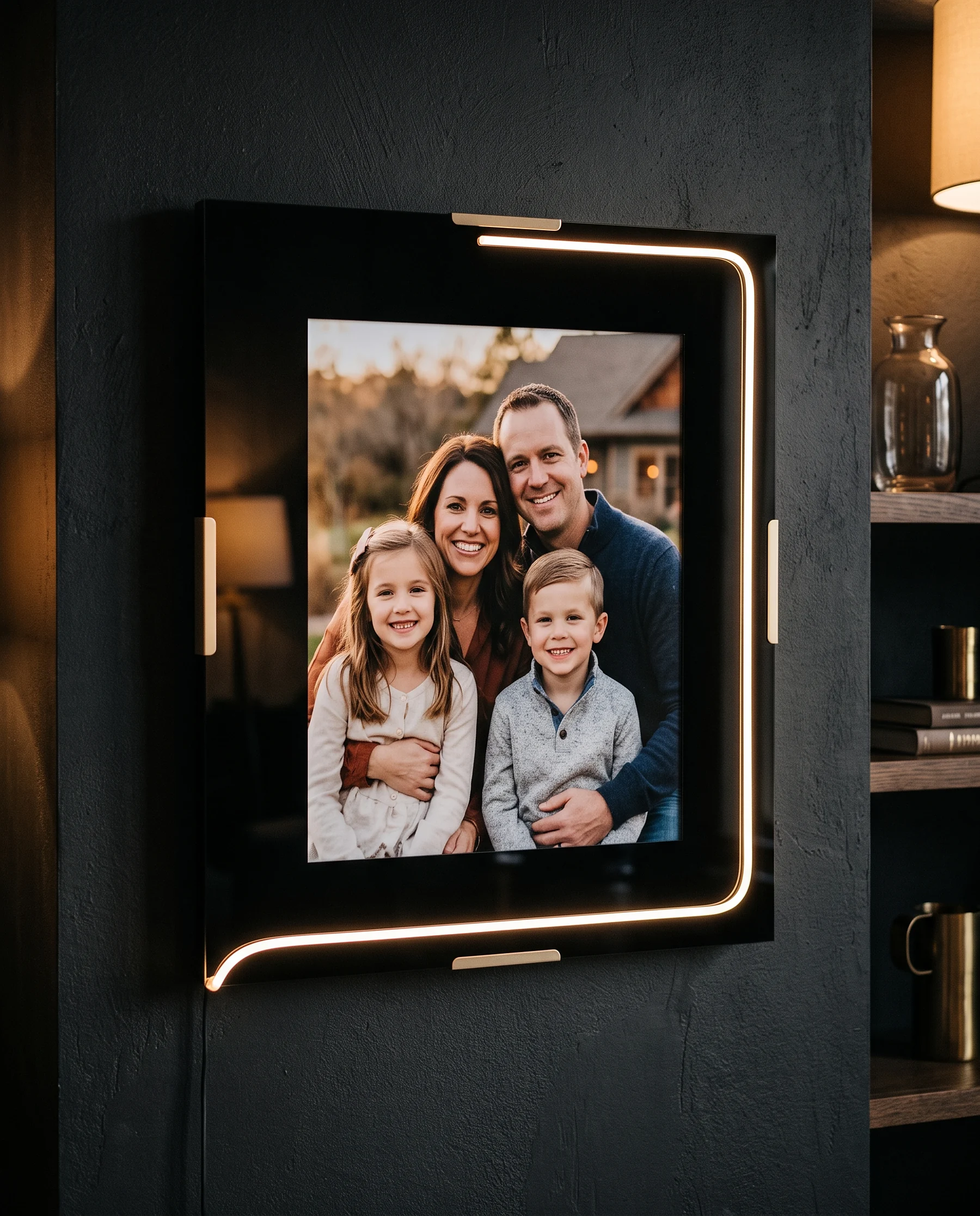 Cadre lumineux avec une ligne de lumière blanc chaud, photo de famille
