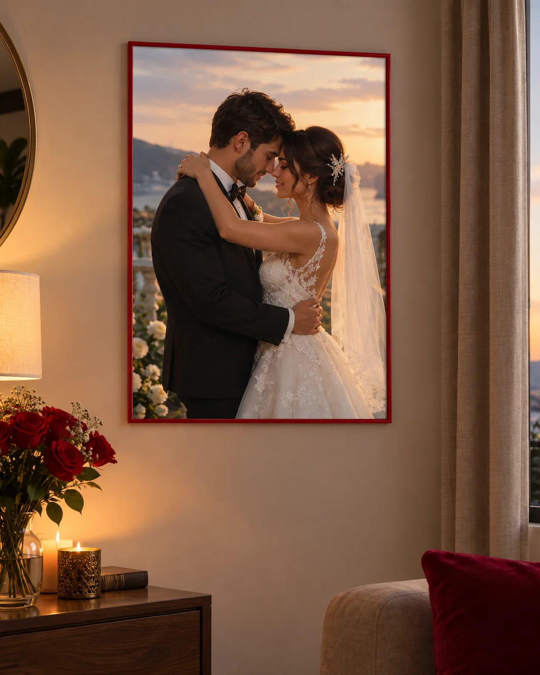 Photo de mariage encadrée dans un salon élégant