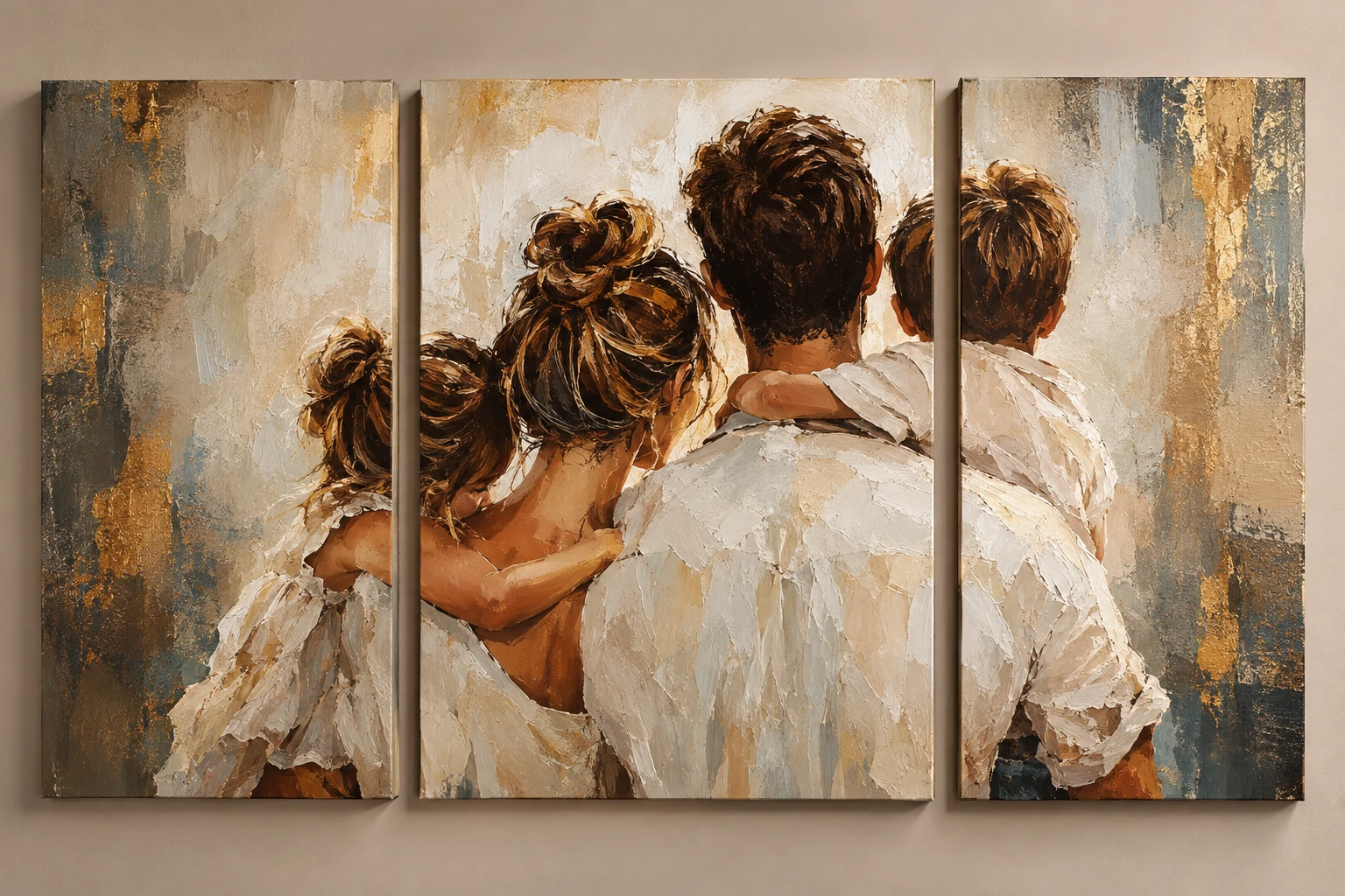 Triptyque sur toile : famille de dos, texture huile et touches dorées